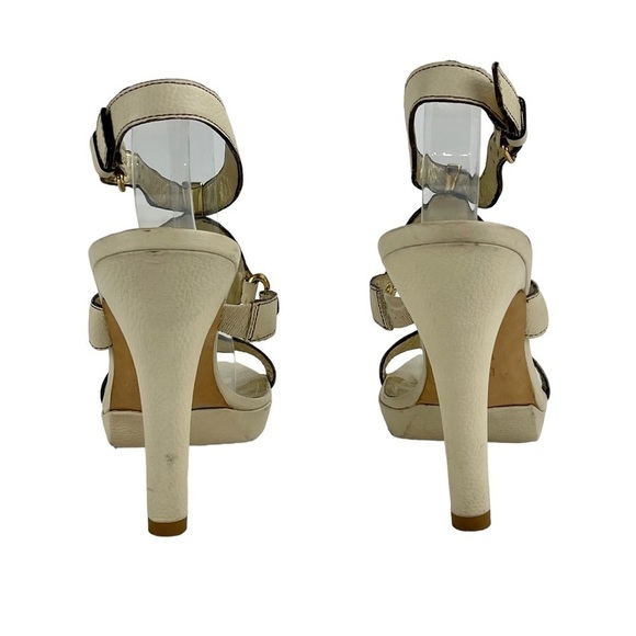 VINTAGE PELLE MODA 90S LEATHER PLATFORM TIGER EYE IVORY STRAPPY SANDAL HEELS - Picture 5 of 13